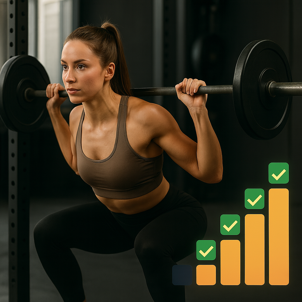 Femme qui exerce un squat à la barre. On peut y voir qu'elle atteint ses petits objectifs via un graphique